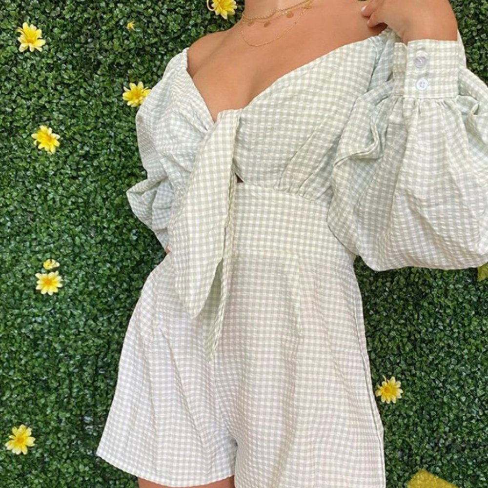 MARGA gingham tie front milkmaid playsuit